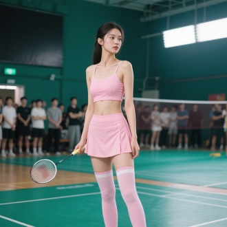 粉色运动装，吊带内衬配短裙，长筒袜穿着的年轻貌美女孩，运动全身照，侧脸高冷，眼神看向羽毛球方向，在球馆打羽毛球，后方很多人投来羡慕的眼光