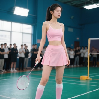 粉色运动装，吊带内衬配短裙，长筒袜穿着的年轻貌美女孩，运动全身照，侧脸高冷，眼神看向羽毛球方向，在球馆打羽毛球，后方很多人投来羡慕的眼光