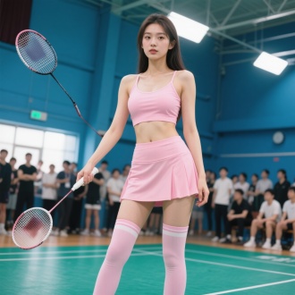 粉色运动装，吊带内衬配短裙，长筒袜穿着的年轻貌美女孩，运动全身照，高冷妩媚，眼神看向羽毛球方向，在球馆打羽毛球，后方很多人投来羡慕的眼光