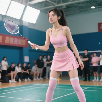 粉色运动装，吊带内衬配短裙，长筒袜穿着的年轻貌美女孩，运动全身照，高冷妩媚，眼神看向羽毛球方向，在球馆打羽毛球，后方很多人投来羡慕的眼光