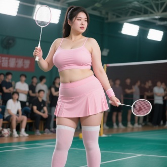 粉色运动装，吊带内衬配短裙，长筒袜穿着的年轻貌美200斤的女孩，运动全身照，高冷妩媚，眼神看向羽毛球方向，在球馆打羽毛球，后方很多人投来羡慕的眼光