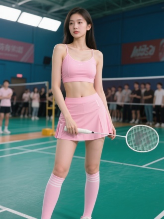 粉色运动装，吊带内衬配短裙，长筒袜穿着的年轻貌美的女孩，运动全身照，高冷妩媚，眼神看向羽毛球方向，在球馆打羽毛球，后方很多人投来羡慕的眼光