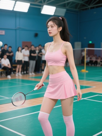 粉色运动装，吊带内衬配短裙，长筒袜穿着的年轻貌美的女孩，运动全身照，侧脸高冷妩媚，眼神看向羽毛球方向，在球馆打羽毛球，后方很多人投来羡慕的眼光