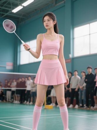 粉色运动装，吊带内衬配短裙，长筒袜穿着的年轻貌美的女孩，运动全身照，高冷白皙，眼神看向羽毛球方向，在球馆打羽毛球，后方很多人投来羡慕的眼光