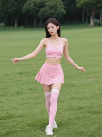 粉色运动装，吊带内衬配短裙，长筒袜穿着的年轻貌美女孩，运动全身照，正脸高冷，眼神看向镜头，在草地上跳舞