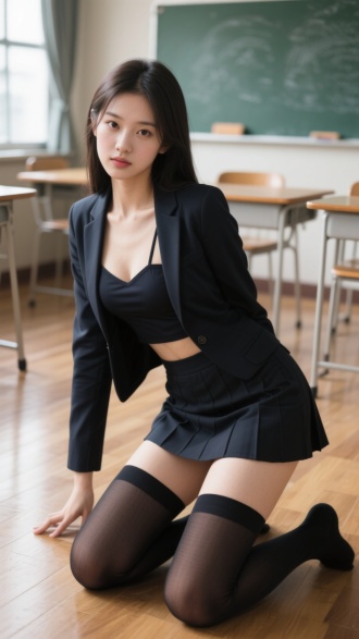 西装吊带内衬配短裙，长筒袜穿着的年轻貌美女孩，俯身全身照，高冷，眼神抚媚，跪在教室的地板上