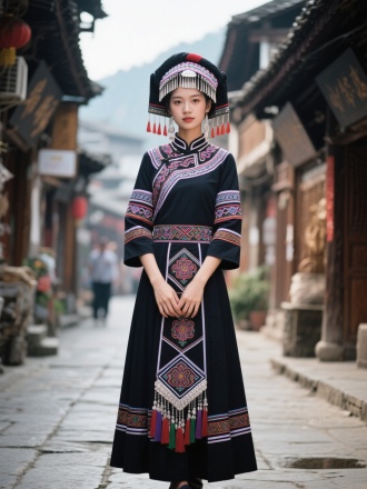 穿着中国壮族特色服装的年轻貌美女孩，站在壮族特色的街道上，高冷，眼神抚媚，全身照站姿