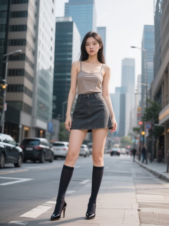穿着吊带，短裙，中筒袜高跟鞋的年轻貌美女孩，站在现代城市的街道上，高冷，眼神抚媚，全身照站姿
