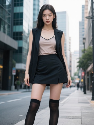 无袖外套吊带内衬配短裙，长筒袜穿着的年轻貌美女孩，站在现代城市的街道上，高冷，眼神抚媚，全身照站姿