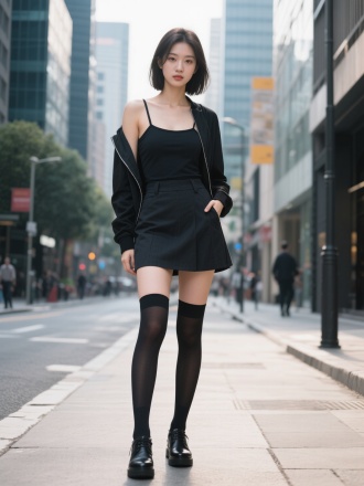 无袖外套吊带内衬配短裙，长筒袜穿着的年轻貌美女孩，站在现代城市的街道上，高冷，眼神抚媚，站姿全身照露出鞋子