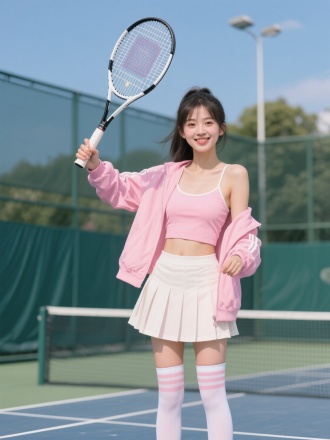 糖果色运动外套吊带内衬配短裙，长筒袜穿着的年轻貌美80斤女孩，拿着网球拍站在网球场挥洒汗水