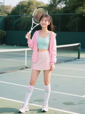 糖果色运动外套吊带内衬配短裙，长筒袜穿着的年轻貌美80斤女孩，拿着网球拍站在网球场挥洒汗水，全身照露出运动鞋