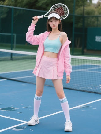 糖果色运动外套吊带内衬配短裙，长筒袜穿着的年轻貌美90斤女孩，拿着网球拍站在网球场挥洒汗水，全身照露出运动鞋