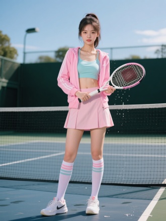 糖果色运动外套吊带内衬配短裙，长筒袜穿着的年轻貌美90斤女孩，拿着网球拍站在网球场挥洒汗水，全身照露出运动鞋