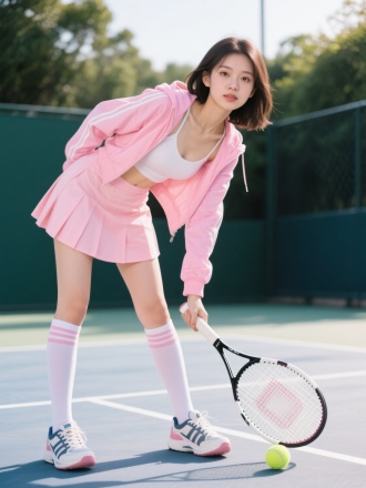 糖果色运动外套吊带内衬配短裙，长筒袜穿着的年轻貌美90斤女孩，拿着网球拍俯身击球，神情高冷，眼神妩媚，全身照露出运动鞋