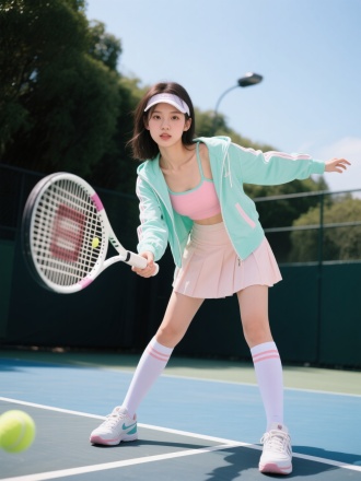 糖果色运动外套吊带内衬配短裙，长筒袜穿着的年轻貌美90斤女孩，拿着网球拍正对镜头俯身击球，神情高冷，眼神妩媚，全身照露出运动鞋