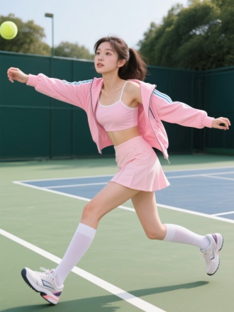 糖果色运动外套吊带内衬配短裙，长筒袜穿着的年轻貌美90斤女孩，在网球场飞身救球，神情高冷，眼神妩媚，全身照露出运动鞋