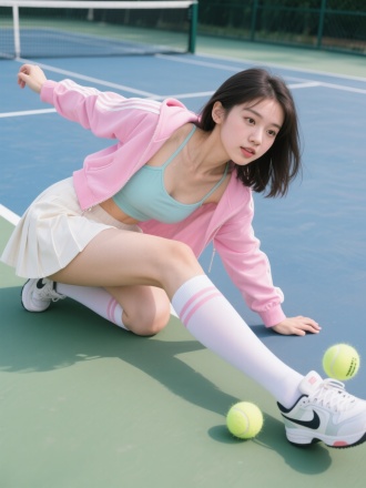 糖果色运动外套吊带内衬配短裙，长筒袜穿着的年轻貌美90斤女孩，在网球场倒地救球，神情高冷，眼神妩媚，全身照露出运动鞋
