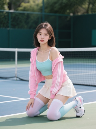 糖果色运动外套吊带内衬配短裙，长筒袜穿着的年轻貌美90斤女孩，跪在网球场上，神情高冷，眼神妩媚，全身照露出运动鞋