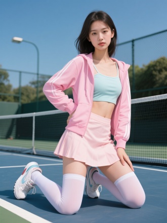糖果色运动外套吊带内衬配短裙，长筒袜穿着的年轻貌美90斤女孩，跪在网球场上，神情高冷，眼神妩媚，全身照露出运动鞋