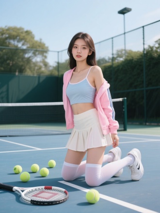 糖果色运动外套吊带内衬配短裙，长筒袜穿着的年轻貌美90斤女孩，跪在网球场上，旁边散落着网球和网球拍神情高冷，眼神妩媚，全身照露出运动鞋