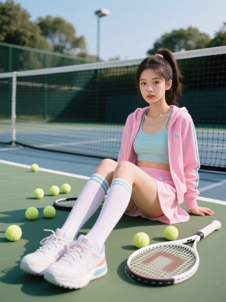 糖果色运动外套吊带内衬配短裙，长筒袜穿着的年轻貌美90斤女孩，坐在网球场上，旁边散落着网球和网球拍神情高冷，眼神妩媚，全身照露出运动鞋