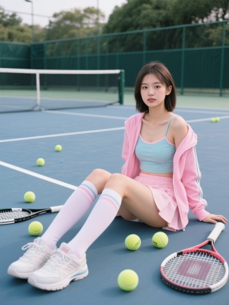 糖果色运动外套吊带内衬配短裙，长筒袜穿着的年轻貌美90斤女孩，坐在网球场上，旁边散落着网球和网球拍神情高冷，眼神妩媚，全身照露出运动鞋