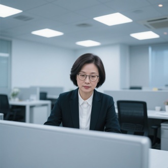 中年职场短发眼镜女子干练办公，三分法构图，办公室内，冷色调，长焦镜头，顶光，专注神情，商务元素，专业感。 