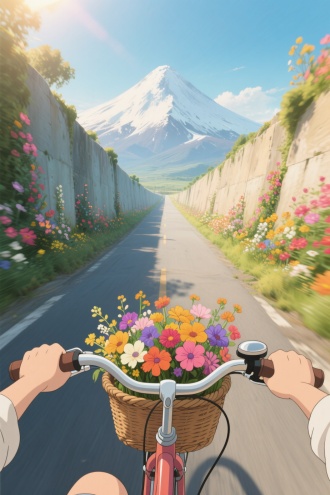 “以第一人称视角骑自行车穿越令人惊叹的吉卜力风格风景。前景中，双手紧紧地握住车把，前面的篮子里装满了五颜六色的鲜花。道路两旁高耸的墙壁上开满了生机勃勃的五彩花朵，在微风中轻轻摇曳。这条小路一望无际地延伸到地平线，雄伟的雪山在宁静的天空下拔地而起。阳光透过花瓣，营造出温暖、梦幻的氛围，唤起一种冒险和宁静的感觉。”