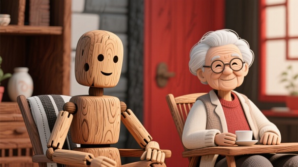 木头人卡通展现富足老年生活，三分法构图，古朴木纹手绘风，红黑白配色，近焦，4k画质，暖光，悠闲动作，高端质感。 