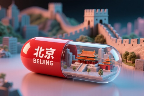 一个胶囊形状的创意微缩场景，胶囊横放着，胶囊一半为红色，印有 白色的字“北京” 和英文 “BEIJING”，另一半透明，展示背景城市真实的特色建筑，缩影故宫和长城，要包含在胶囊里面，不要超出，背景为长城，整体风格3D渲染，具有梦幻感，使用 3D 建模软件如Blender或C4D制作，材质设置上注重光泽感，打光营造出柔和氛围，超详细，高清，HDR，电影般的构图，强调梦幻和未来感的美学，真实的纹理和光线增强了城市景观的真实性