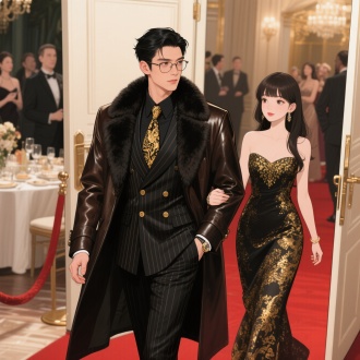 一个英俊粗犷的黑发亚裔年轻男明星，有少年感，身体修长，眼睛又大而长，嘴唇微红，眼睛有光泽，大油头大背头高颅顶，眉毛微皱，嘴巴较小，穿着一套质感很好的黑色带若隐若现的细金丝竖条纹戗驳领双排扣的西服，金色花纹的复古领带，外面还穿着一件深棕黑色气派的皮质大衣，领子上有毛，戴着眼镜，名贵手表，挽着一个女人的手走出来，女人是一个清纯羞涩的长发高颅顶有刘海的眼睛很大水灵灵的美女穿着华丽礼服走着红地毯从一扇门出来，背景是高端宴会，有一些其他精心打扮的人，漫画风格，高清，长焦镜头，侧光，俯视