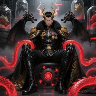 一个英俊秀美的粗犷的强壮的黑发亚裔的年轻的大将军，面容冷峻，自信骄傲，高颅顶大背头大油头，眉毛紧皱，眉毛比较宽，嘴巴小，眼睛瞪得大且长，肩膀宽，腰非常细，穿着一套质感很好的黑色羊毛质感龙纹将军服领子很高，在内侧，有很多勋章，有黑金战靴，外面还披着一件气派的厚重修身皮质黑金色皇室大衣领子上有毛肩膀上面有肩章有一些金色纹路，腰上有鳄鱼纹黑金腰带，男人长着四只黑金色的龙角电光环绕，额头有龙纹和金属头饰，身后有一对黑金色龙翼，戴着黑色鳄鱼纹手套，男人坐在一个高科技研究中心的黑色带金花纹的龙鳞宝座上，能量堆发出红色光芒，伸出两个龙蛇一样的细细的鳞片触手缠住男人的手臂，能量红光顺着手臂进入身体，男人身后有暗红色光芒和淡淡黑色雾气环绕身体，男人的眼睛是像蛇一样的竖瞳发出璀璨的金色的光芒，表情非常舒服享受，背后是玻璃罩子里有各种不同的龙鳞神兽，罩子吸收龙鳞神兽的红色能量后顺着几个发光的鳞片触手汇聚到男人前面的龙鳞形态反应堆里，俯看，漫画风格