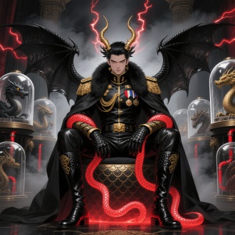 一个英俊秀美的粗犷的强壮的黑发亚裔的年轻的大将军，面容冷峻，自信骄傲，高颅顶大背头大油头，眉毛紧皱，眉毛比较宽，嘴巴小，眼睛瞪得大且长，肩膀宽，腰非常细，穿着一套质感很好的黑色羊毛质感龙纹将军服领子很高，在内侧，有很多勋章，有黑金战靴，外面还披着一件气派的厚重修身皮质黑金色皇室大衣领子上有毛肩膀上面有肩章有一些金色纹路，腰上有鳄鱼纹黑金腰带，男人长着四只黑金色的龙角电光环绕，额头有龙纹和金属头饰，身后有一对黑金色宽大龙翼，戴着黑色鳄鱼纹手套，男人坐在一个奢华但有点漆黑的大殿堂的黑色带金花纹的龙鳞宝座上，能量堆发出红色光芒，伸出两个龙蛇一样的细细的鳞片触手缠住男人的手臂，能量红光顺着手臂进入身体，男人身后有暗红色光芒和淡淡黑色雾气环绕身体，男人的眼睛是像蛇一样的竖瞳发出璀璨的金色的光芒，表情非常舒服享受，背后是玻璃罩子里有各种不同的龙鳞神兽，每个罩子下有管道输送红色能量到男人前面的龙鳞形态能量堆里，俯看，漫画风格