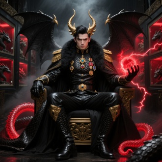 一个英俊秀美的粗犷的强壮的黑发亚裔的年轻的大将军，面容冷峻，自信骄傲，高颅顶大背头大油头，眉毛紧皱，眉毛比较宽，嘴巴小，眼睛瞪得大且长，肩膀宽，腰非常细，穿着一套质感很好的黑色羊毛质感鳄鱼鳞甲龙纹将军服领子很高，镶嵌有一些宝石，有很多皇室勋章，在内侧，有黑金战靴，外面还披着一件气派的厚重修身皮质黑金色皇室大衣领子上有毛肩膀上面有肩章有一些金色纹路，腰上有鳄鱼纹黑金腰带，男人长着四只黑金色的龙角金色雾气环绕，额头有鳞片和金属头饰，身后有一对黑金色宽大龙翼，戴着黑色鳄鱼纹手套，男人坐在一个奢华但有点漆黑的魔王宫殿的黑色带金花纹的龙鳞宝座上，伸出两手吸收红色能量气团，男人身后有暗红色光芒和淡淡黑色雾气环绕身体，男人的眼睛是像蛇一样的竖瞳发出璀璨的金色的光芒，表情非常舒服享受，背后有很多里面放着龙鳞魔兽的玻璃柜，每个玻璃柜散发红光通过一个发光的鳞片状触手将红色能量汇聚到王座上，男人手上抓住一个红色能量光团，光团外还有闪电环绕，俯看，漫画风格