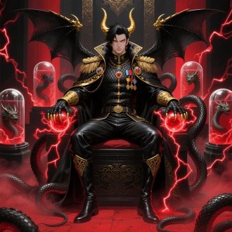 一个英俊的秀气的强壮的儒雅的黑发亚裔的年轻的大将军，金色发光的眼睛又大又长，眉毛紧皱，大背头大油头高颅顶，肩宽，腰细，穿着一套质感很好的黑色鳄鱼鳞甲龙纹将军服，领子很高，有许多勋章和宝石，外面还披着一件气派的厚重皮质黑金色龙纹大衣领子有长毛肩膀上面有肩章有一些金色纹路，穿龙战靴，长着金色带黑色的龙角，背后有一对黑色带金色的巨大龙翼，手戴龙爪手套，身侧有细密的大量的暗红色闪电，坐在一个黑暗神殿的黑色带金花纹的宽大的龙纹宝座上，有金色闪电，宝座伸出许多个龙蛇一样的细细的触手，男人两手各抓着宝座扶手的暗红色能量光球，能量顺着手臂传进身体中，地面有暗红雾气，背后是暗红色玻璃罩子里有六个不同的龙鳞神兽被透明液体浸泡，每个罩子下有带红色闪电的龙蛇触手输送到王座扶手的暗红色璀璨能量光球上，俯视，近景，逆光，漫画风格
