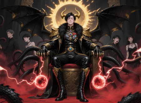 一个英俊的俊美的强壮的儒雅的黑发的少年大将军，大油头大背头高颅顶，闭眼，眉毛紧皱，微微仰头，邪笑，肩宽，腰细，穿着一套质感很好的黑色鳄鱼鳞甲龙纹将军服，领子很高，有许多勋章和宝石，外面还披着一件气派的厚重皮质黑金色龙纹大衣领子有长毛肩膀上面有肩章有一些金色纹路，头两侧长着一对金色带黑色的龙角，背后有一对黑色带金色的巨大龙翼，戴龙爪手套，穿龙爪形状的黑金金属龙爪靴子，腰上有鳄鱼纹宝石腰带，身侧有细密的大量的暗金色闪电，坐在一个黑暗皇宫龙纹宝座上，宝座后有暗金色粗大环形发出太阳神光，中间发出璀璨金色光芒，宝座伸出许多个龙蛇一样的细细的触手，男人两手各抓着宝座扶手的能量光球，电光顺着手臂传进身体中，地面有暗红雾气，背后有四个不同的衣着不同的表情挣扎痛苦苍白的年轻英俊黑发男人和美丽女人脖子被黑色龙鳞触手吸出红色能量并汇聚到王座上的两个能量光球上，俯视，高清，逆光，漫画风格