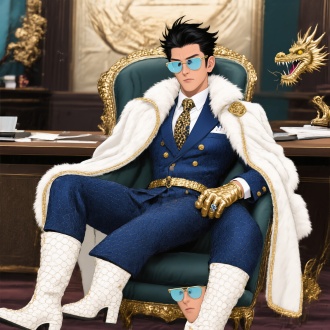 一个英俊的粗犷的阳刚之气的年轻黑发男明星，眼睛又大又长，抬头，脖子修长，眉毛紧皱，戴浅蓝色玻璃浅色墨镜，发量多，大背头大油头高颅顶头发根根竖起，一侧嘴角上扬，穿着一套质感很好的深蓝色带暗金色蛇鳞纹的戗驳领双排扣的西装三件套和裤子，鳞纹领带，龙鳞龙头腰带，外面披着一件白色带浅金色边的华贵的宽大厚重的鳄鱼皮质大衣有皇室纹路，有昂贵胸饰，整个领子上有毛，白色带金色鳞纹皮靴，金色皮手套有白鳞纹，手指上有一枚龙戒指，舒服靠在豪华的总裁办公室的豪华龙椅子上，背景是豪华的总裁办公室，漫画风格，高清
