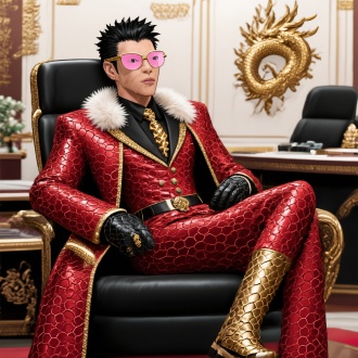 一个英俊的粗犷的阳刚之气的年轻黑发男明星，眼睛又大又长，抬头，脖子修长，眉毛紧皱，戴浅粉色玻璃浅色墨镜，发量多，大背头大油头高颅顶头发根根竖起，一侧嘴角上扬，穿着一套质感很好的暗红色带暗金色蛇鳞纹的戗驳领双排扣的西装三件套和裤子，鳞纹领带，龙鳞龙头腰带，外面披着一件红色带金色边的华贵的宽大厚重的鳞纹皮质大衣有皇室纹路，有昂贵胸饰，整个领子上有毛，黑色带金色鳞纹皮靴，金色皮手套有黑鳞纹，手指上有一枚龙戒指，舒服靠在豪华的总裁办公室的豪华龙椅子上，背景是豪华的总裁办公室，漫画风格，高清