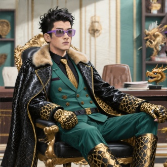 一个英俊的粗犷的阳刚之气的年轻黑发男明星，眼睛又大又长，抬头，脖子修长，眉毛紧皱，戴浅紫色玻璃浅色墨镜，发量多，大背头发根根竖起，一侧嘴角上扬，穿着一套质感很好的暗绿色带暗金色的戗驳领双排扣的西装三件套和裤子，鳞纹领带，龙鳞龙头腰带，外面披着一件黑色带金色边的华贵的宽大厚重的鳞纹皮质大衣有皇室纹路，有昂贵胸饰，整个领子上有毛，黑色带金色鳞纹皮靴，金色皮手套有黑鳞纹，手指上有一枚龙戒指，舒服靠在豪华的总裁办公室的豪华龙椅子上，背景是豪华的总裁办公室，漫画风格，高清
