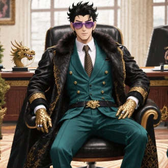 一个英俊的粗犷的阳刚之气的年轻黑发男明星，眼睛又大又长，抬头，脖子修长，眉毛紧皱，戴浅紫色玻璃浅色墨镜，发量多，大背头发根根竖起，一侧嘴角上扬，穿着一套质感很好的暗绿色带暗金色的戗驳领双排扣的西装三件套和裤子，鳞纹领带，龙鳞龙头腰带，外面披着一件黑色带金色边的华贵的宽大厚重的皮质大衣有皇室纹路，有昂贵胸饰，整个领子上有毛，黑色带金色鳞纹皮靴，金色皮手套有黑鳞纹，手指上有一枚龙戒指，舒服靠在豪华的总裁办公室的豪华龙椅子上，背景是豪华的总裁办公室，漫画风格，高清