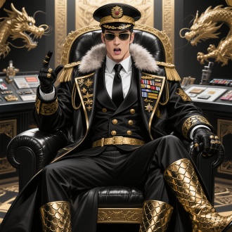 一个英俊的粗犷的阳刚之气的黑发男明星，戴着将军帽，眼睛又大又长，看着正前方，抬头，脖子修长，张嘴怒斥，手在比划着，微微有点生气，皱着眉毛，戴墨镜，发量多，大背头，一侧嘴角微微上扬，穿着一套质感很好的黑色带暗金色的鳞纹戗驳领双排扣的西装三件套和裤子，鳞纹领带，龙鳞腰带，外面披着一件黑色带暗金色边的鳞纹华贵的宽大厚重的皮质大衣有皇室纹路，有昂贵胸饰，有肩章和许多勋章，整个领子上有毛，黑色带金色鳞纹皮靴，金色皮手套有黑鳞纹，手指上有一枚龙戒指，坐在豪华的司令指挥室的黑金色龙椅上，背景是豪华的司令指挥室，漫画风格，高清，近景
