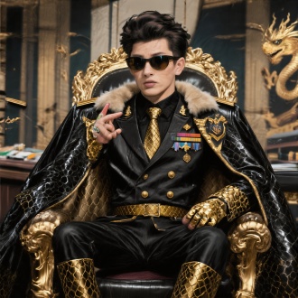 一个英俊的粗犷的阳刚之气的黑发年轻男明星，戴着将军帽，眼睛又大又长，抬头，脖子修长，张嘴怒斥，手在比划着，微微有点生气，皱着眉毛，戴墨镜，发量多，大背头，一侧嘴角微微上扬，穿着一套质感很好的黑色带暗金色的蛇鳞皮质戗驳领双排扣的西装三件套和裤子，鳞纹领带，龙鳞腰带，外面披着一件黑色带暗金色边的鳞纹华贵的宽大厚重的皮质大衣有皇室纹路，有昂贵胸饰，有肩章和许多勋章，整个领子上有毛，黑色带金色鳞纹皮靴，金色皮手套有黑鳞纹，手指上有一枚龙戒指，坐在豪华的司令指挥室的黑金色龙椅上，背景是豪华的司令指挥室，漫画风格，高清，近景