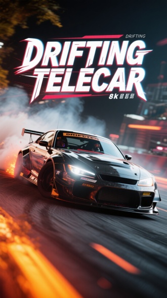 “DRIFTING TELECAR”生成漂移竞速感标题，炫酷，超清8k
