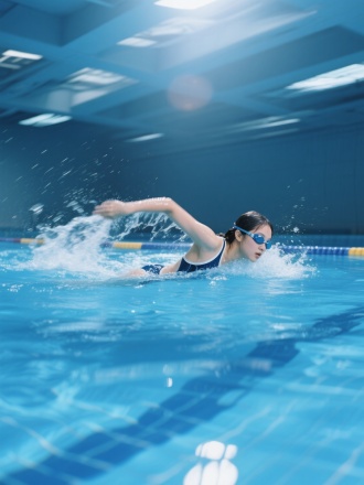 女孩穿泳衣游泳，三分法构图，泳池中，冷蓝色调，长焦镜头，顶光，动态模糊，划水，活力。 