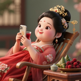 （3D渲染、超现实主义、古风。一个胖嘟嘟很可爱的古代女子，五官精致，大眼睛双眼皮，细长柳叶眉（自然眉色）、杏仁状明亮双眸、小巧精致鼻梁、饱满唇形（鲜红口脂），嘴角浅笑。头发乌黑亮丽，，插鎏金蔓草纹头饰；
一侧是造型繁复、有花卉/藤蔓纹样且末端带坠饰的精美金色发簪，她佩戴着精致、色泽温润的耳饰。身穿大唐服饰，身搭配红色纱衣，牡丹饰品有精致牡丹花纹。手里拿着手机，躺在摇椅上，露出半身，背景模糊处理突出主体。
摆设：有一个小茶几，上面放着粽子和很多杨梅手里拿一杯杨梅汁
动作描述：躺在摇椅上，悠闲的玩着手机
