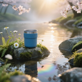 主体构图：钴蓝色保温杯静静立在溪边青石上，采用低机位微距视角

春日光影：晨雾中透出金色阳光，在杯身投射出波光粼粼的水纹反光

新生元素：杯边点缀着野雏菊和新生蕨类，石缝间冒出嫩绿苔藓

动态细节：
背景溪水映着樱花倒影流动

色彩哲学：冷调杯身与暖调春光形成温柔对比，水面反光呈现虹彩效果

氛围故事：表现露营晨起的静谧时刻，杯体露珠强调超强保冷特性

