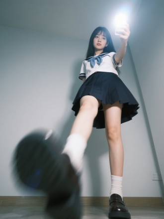 JK制服美女自拍，无明确构图，室内闪光灯轻微曝光，自然姿势，从脚仰视，运动模糊，3:4，真实皮肤质感，刻意平庸感。 