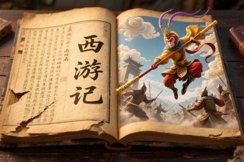 本年代久远、边角破损的泛黄古书平放在旧书桌上展开。书页左侧，细密的古代汉字整齐排列，散发着浓浓的历史气息，统一写着 “西游记” 三个大字。书页右侧为裸眼 3D 特效呈现出大闹天宫的经典场景，3D 真实人物的孙悟空身着金甲，头戴凤翅紫金冠，手持金箍棒腾空而起，衣袂翻飞，眼神锐利有神，正与天兵天将激烈对峙，身后的南天门若隐若现，朵朵祥云缭绕，泛黄书页边缘微微卷起，纸张质感真实可触，暖调光线为整个画面增添温馨氛围，让传统东方美学与现代数字艺术碰撞出奇妙的神话意境。
