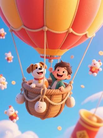 一个小男生和一只小狗，乘坐热气球，表情非常开心，角度俯视，热气球完整展示，周围有小年在环绕，3d风格
